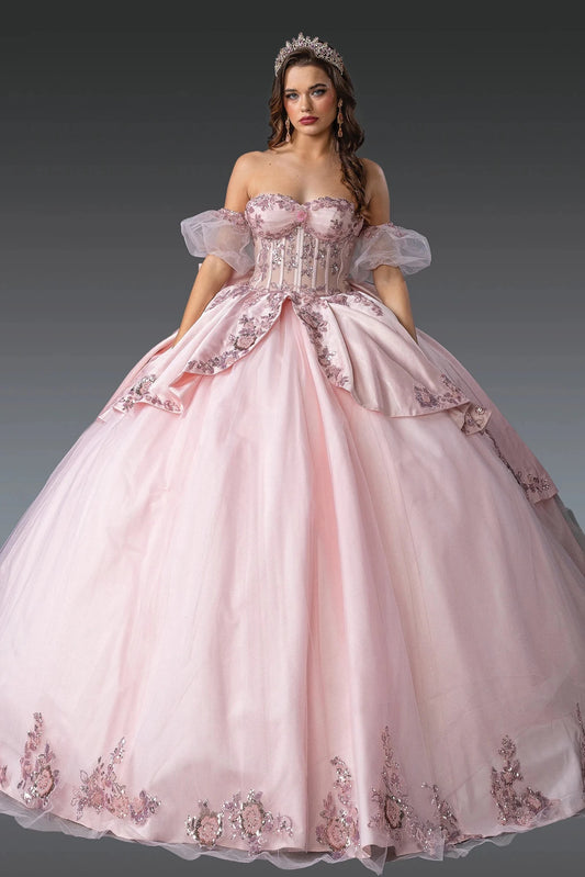 Front view of a Blush quinceañera gown with strapless neckline and beaded bodice