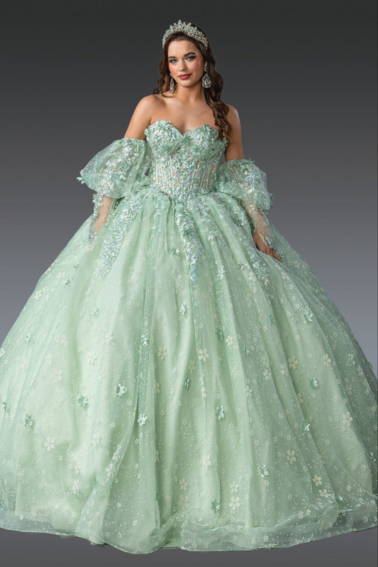 Quinceañera | Sage Strapless Quince Gown with Floral Appliqué Skirt | Areli dress