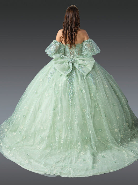 Quinceañera | Sage Strapless Quince Gown with Floral Appliqué Skirt | Areli dress back view