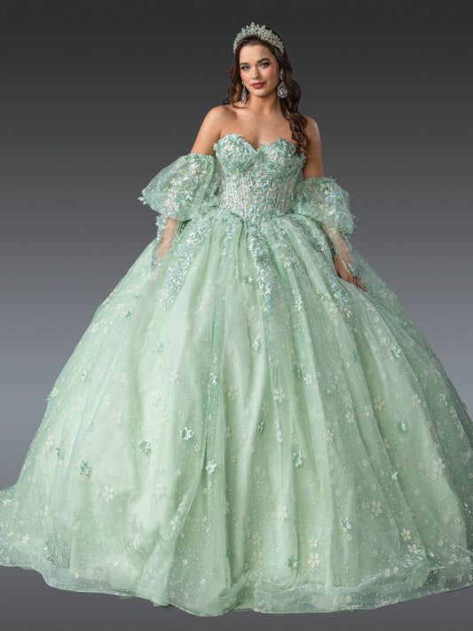 Quinceañera | Sage Strapless Quince Gown with Floral Appliqué Skirt | Areli dress