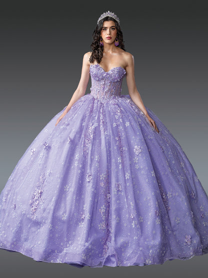 Quinceanera | Lilac 3D Floral Appliqués Sparkling Sweet 15 Ball Gown | Mira dress front