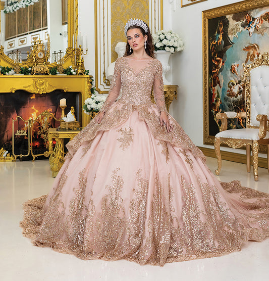 Quinceañera | Rose Gold Rhinestone Sheer Long Sleeve Quinceañera Dress with Long Tail | Rivera dress front