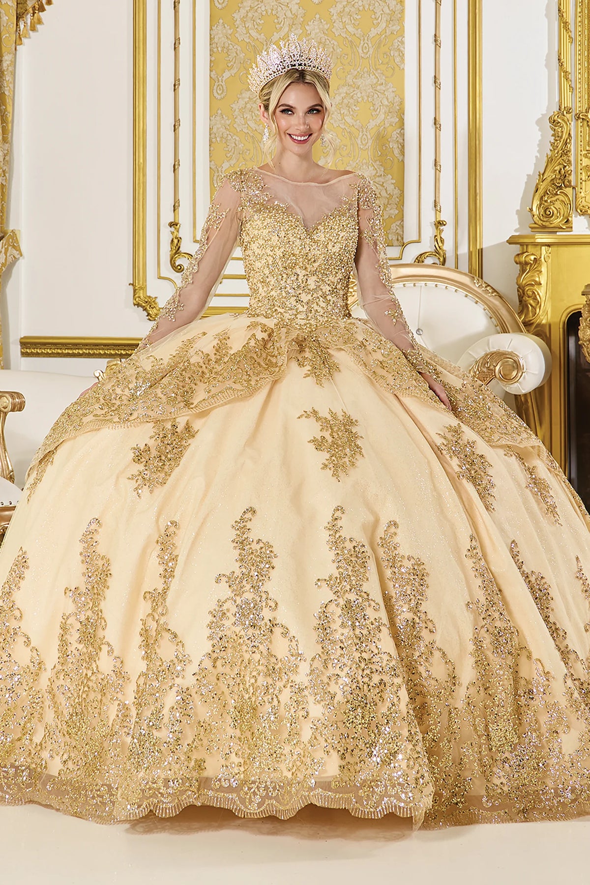 Gold gold embroidered quinceanera dress, full front view