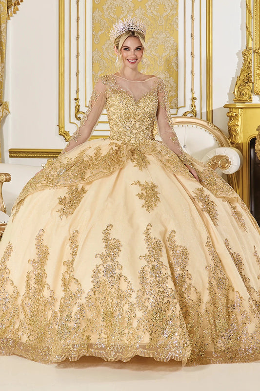 Gold gold embroidered quinceanera dress, full front view