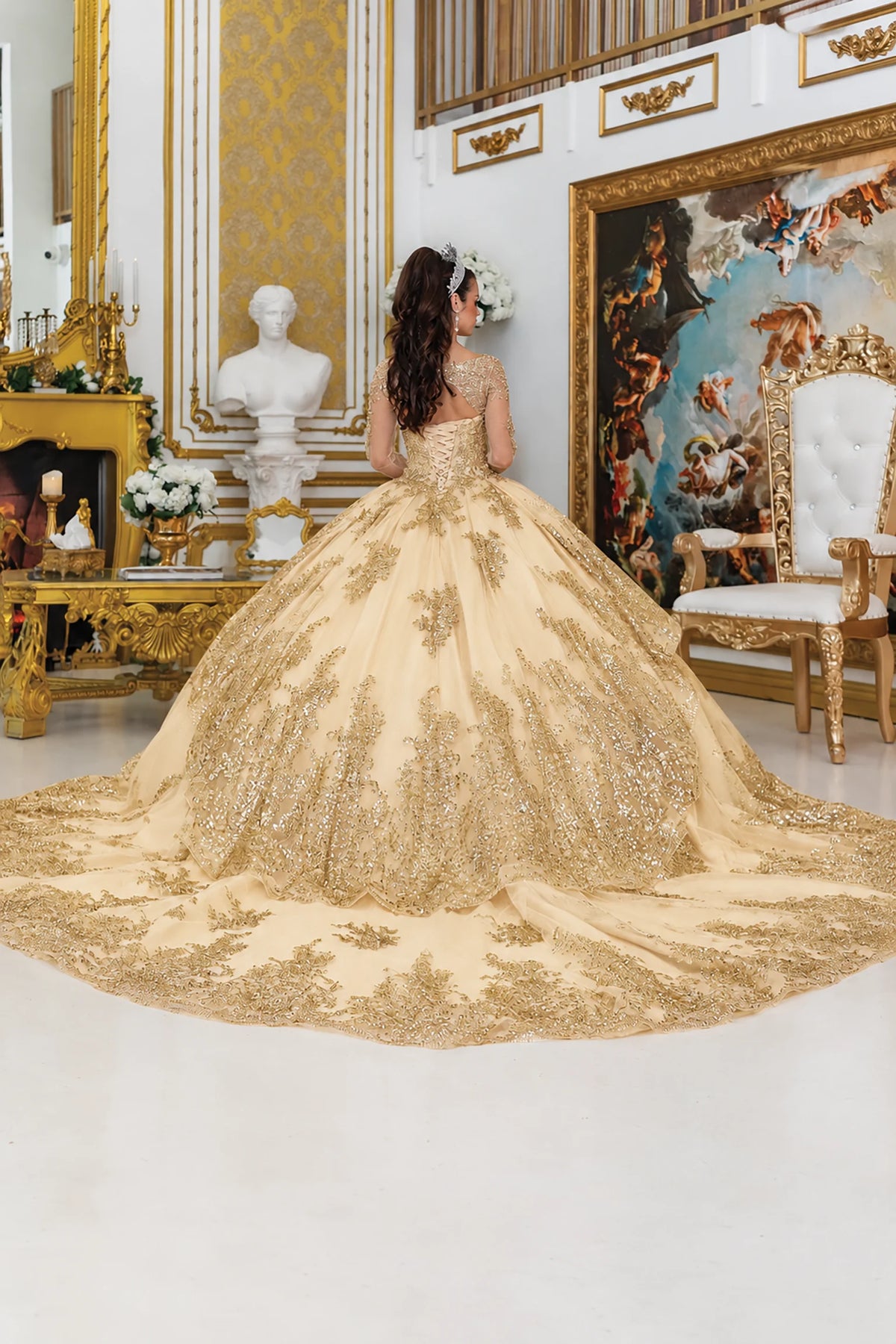Gold gold embroidered quinceanera dress, back view with lace-up closure