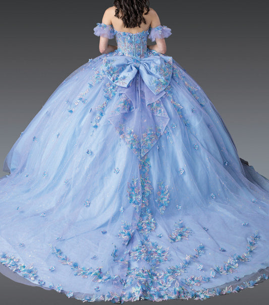 Quinceañera | Blue Lilac Ball Gown with Off-the-Shoulder Sleeves and Beaded Bodice | Anelis dress back