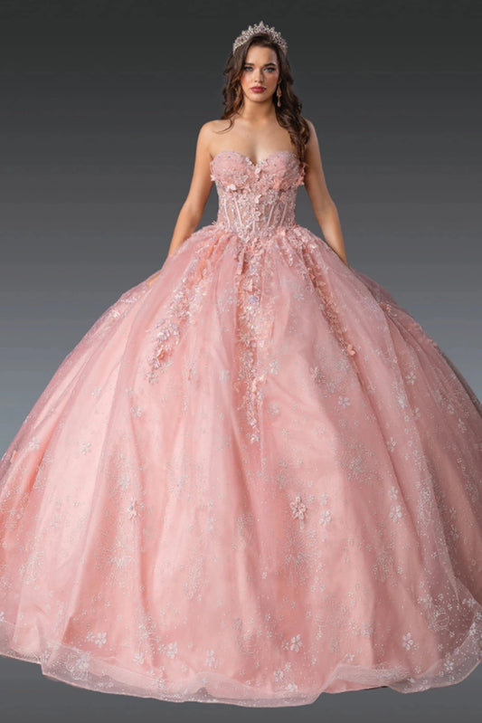 Full-length front view of a Blush quinceañera gown with floral embroidery