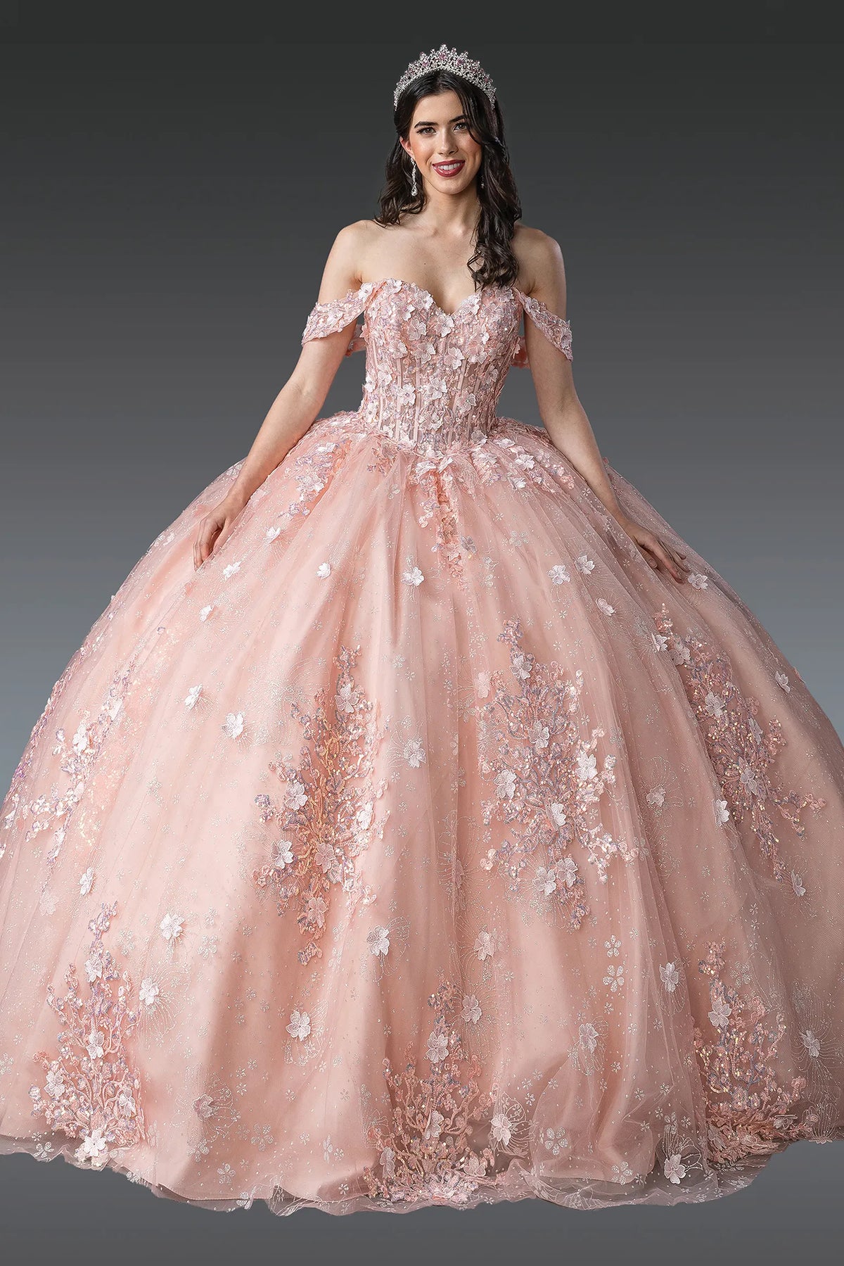Front view of a Blush quinceañera gown with off-the-shoulder neckline, 3D floral appliqués, and glitter tulle skirt