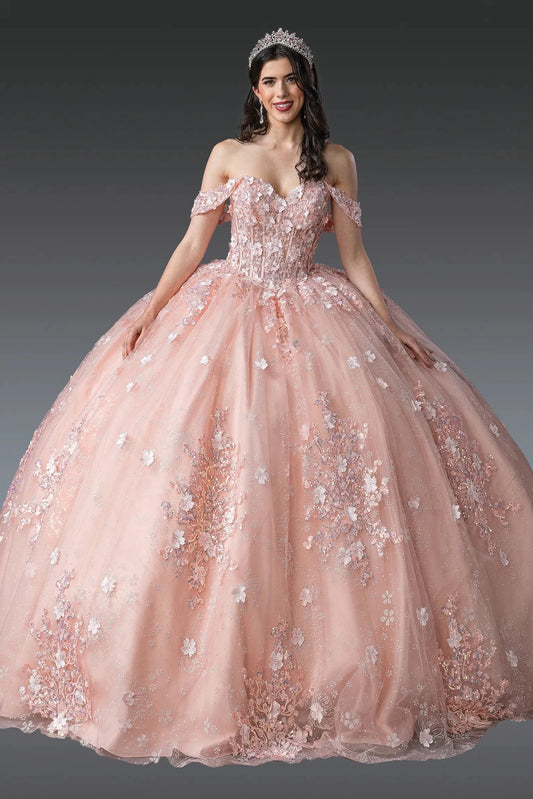 Front view of a Blush quinceañera gown with off-the-shoulder neckline, 3D floral appliqués, and glitter tulle skirt