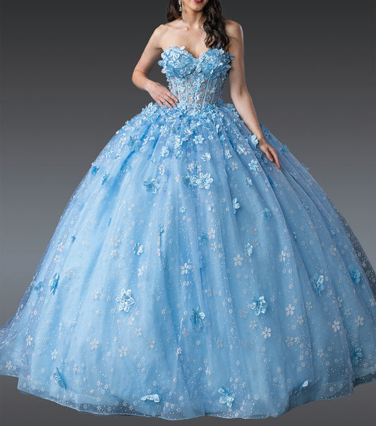 Quinceañera | Blue Strapless Ball Gown with Floral Embellishments and Beaded Corset | Anai dress front view