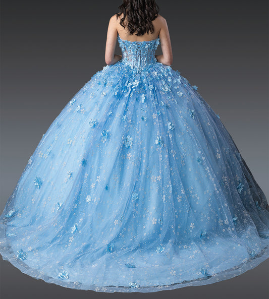 Quinceañera | Blue Strapless Ball Gown with Floral Embellishments and Beaded Corset | Anai dress back view