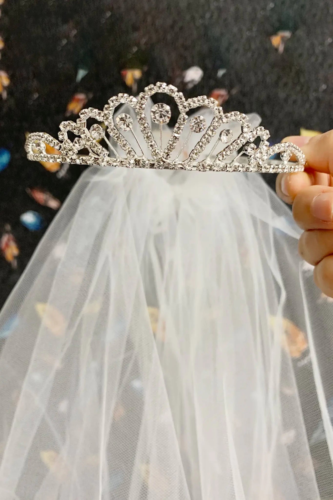Silver and white rhinestone flower girl and first communion tiara and two-tier veil.