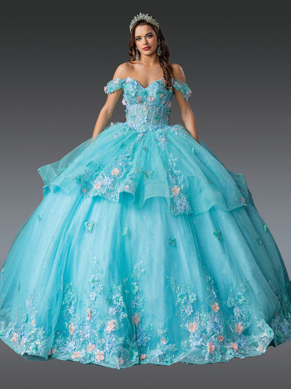 Quinceanera | Blue Off-Shoulder Layered Tulle Skirt and Floral Appliqués Sweet 15 Ball Gown | Milagro dress front