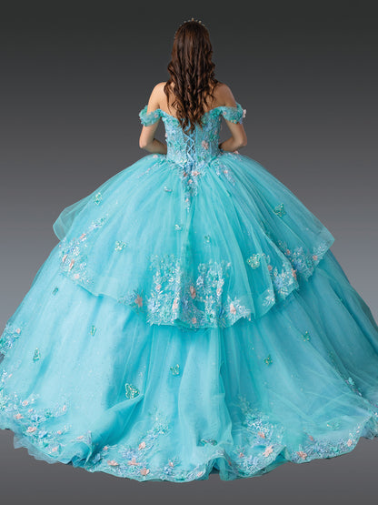 Quinceanera | Blue Off-Shoulder Layered Tulle Skirt and Floral Appliqués Sweet 15 Ball Gown | Milagro dress back