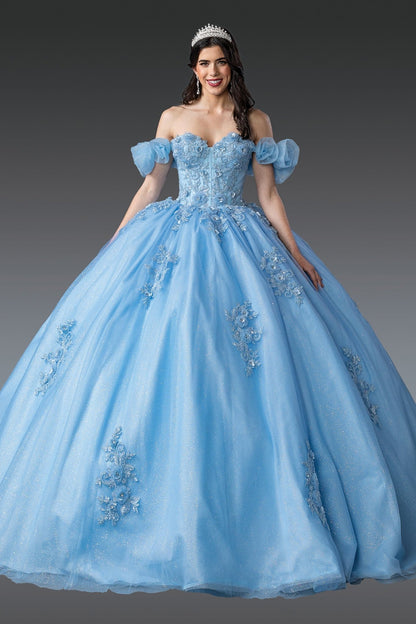 Quinceanera | Blue Off-Shoulder Sweet 15 Ball Gown with Floral Embroidery and Puffy Sleeves | Merida dress front