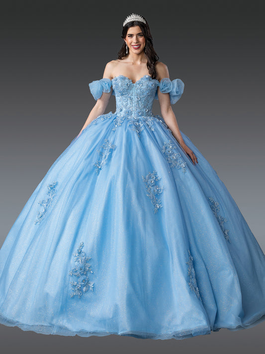 Quinceanera | Blue Off-Shoulder Sweet 15 Ball Gown with Floral Embroidery and Puffy Sleeves | Merida dress front