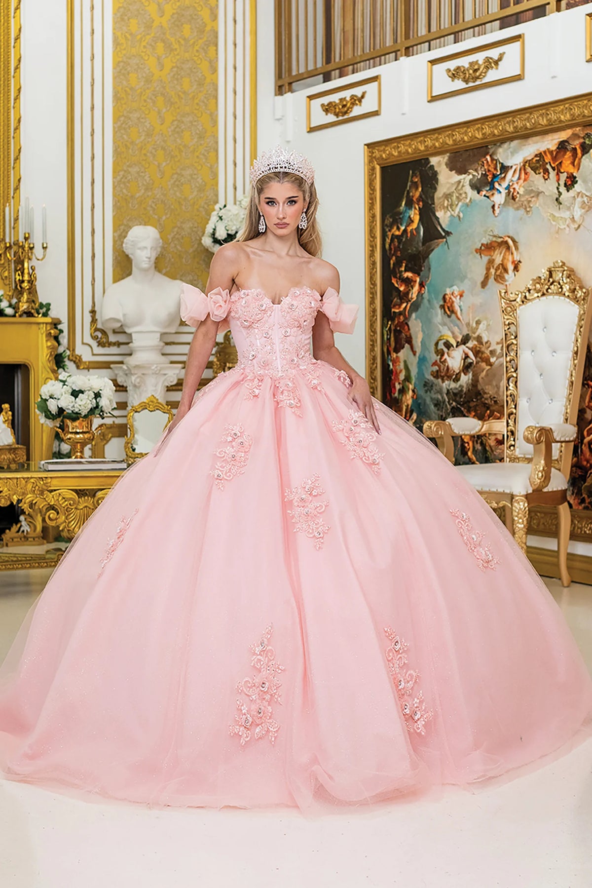 Blush puff sleeve quinceanera dress, full front view