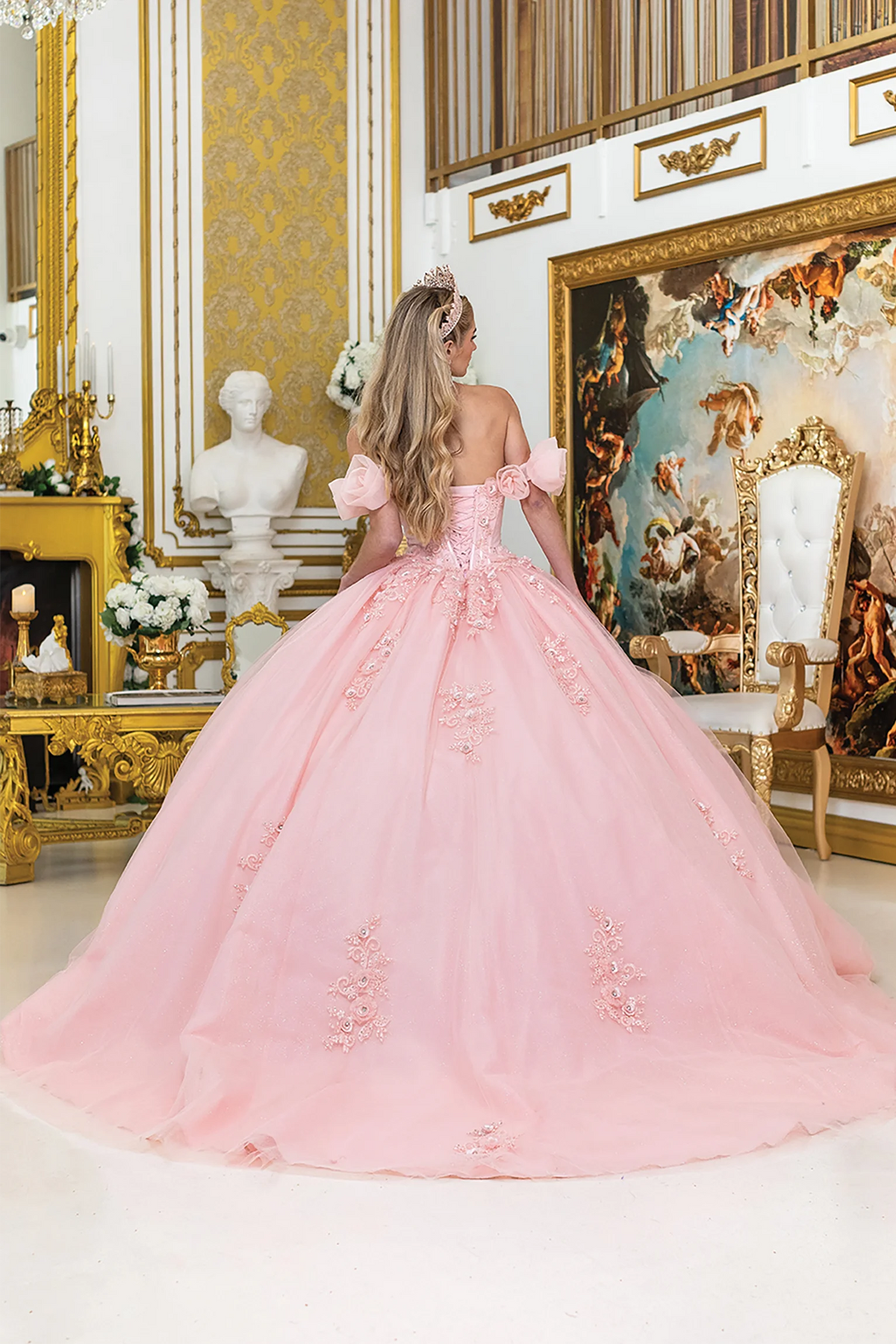 Blush puff sleeve quinceanera dress, back view with lace-up closure