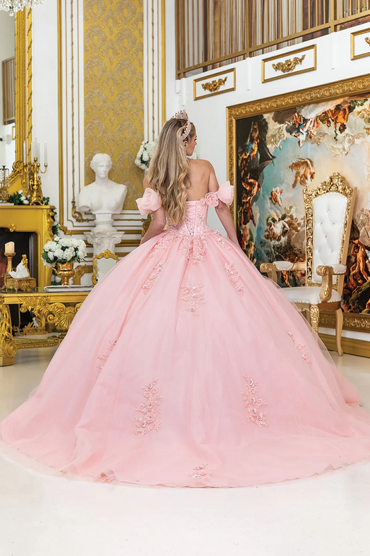 Blush puff sleeve quinceanera dress, back view with lace-up closure