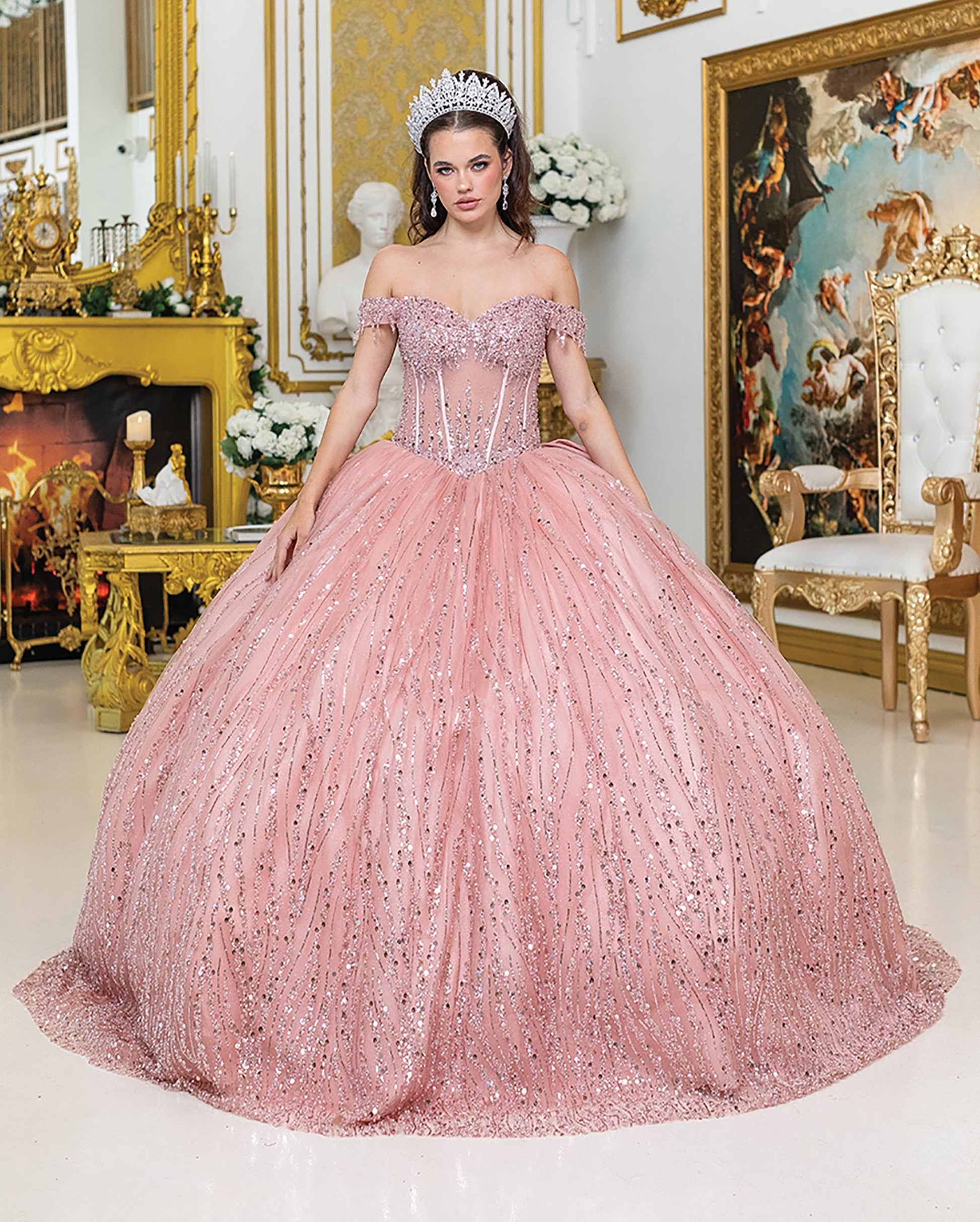 Quinceañera Rose Gold Sparkling Off-Shoulder Sequined Quince