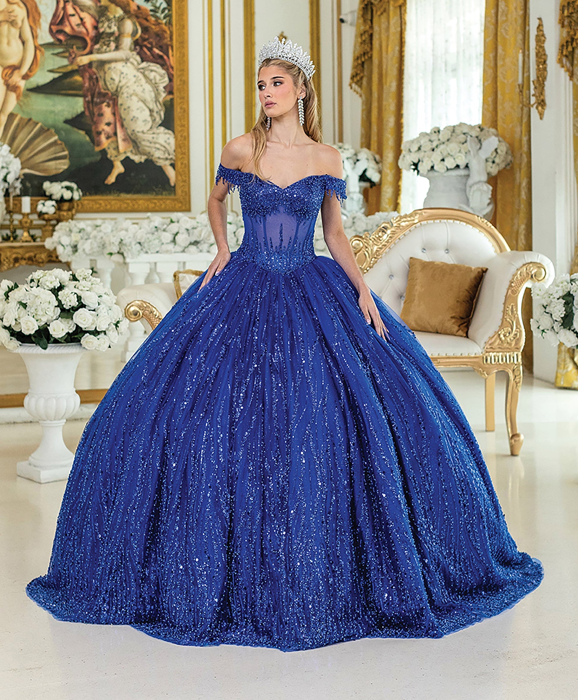 Quinceañera Royal Blue Sparkling Off-Shoulder Sequined Quince