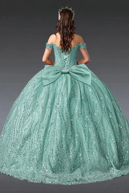 sage quinceañera ball gown with off-shoulder sleeves, lace-up beaded bodice, sequined overlay, and flowing sparkling skirt with train