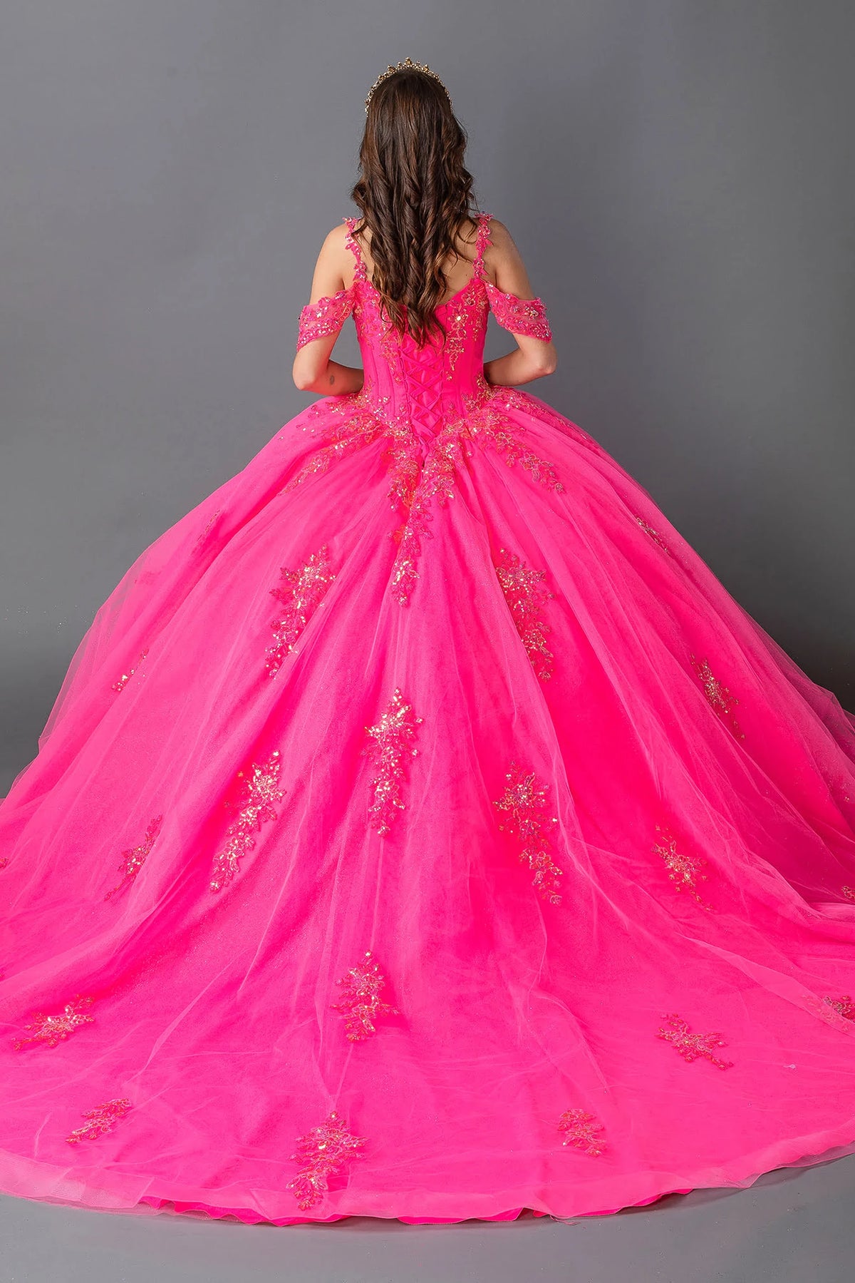 Back view of a Hot Pink quinceañera gown showing lace-up back