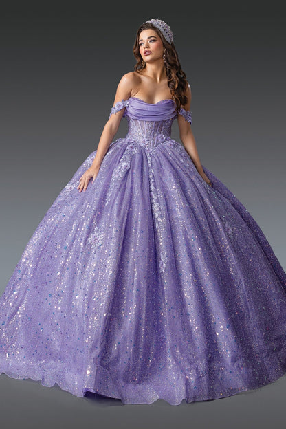 Quinceanera | Lilac Off-Shoulder Glitter Ruched Bodice and Floral Appliqués Sweet 15 Ball Gown | Mercedes dress front