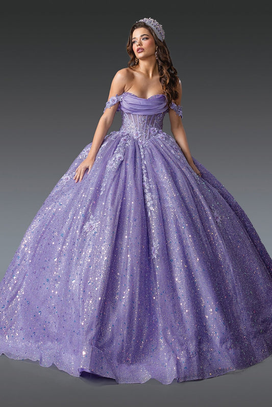 Quinceanera | Lilac Off-Shoulder Glitter Ruched Bodice and Floral Appliqués Sweet 15 Ball Gown | Mercedes dress front