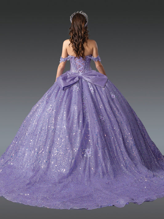 Quinceanera | Lilac Off-Shoulder Glitter Ruched Bodice and Floral Appliqués Sweet 15 Ball Gown | Mercedes dress back