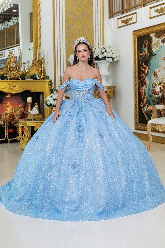 ahama blue quinceañera dress featuring off-shoulder neckline, ruched bodice, 3D floral appliqué, and glitter tulle skirt