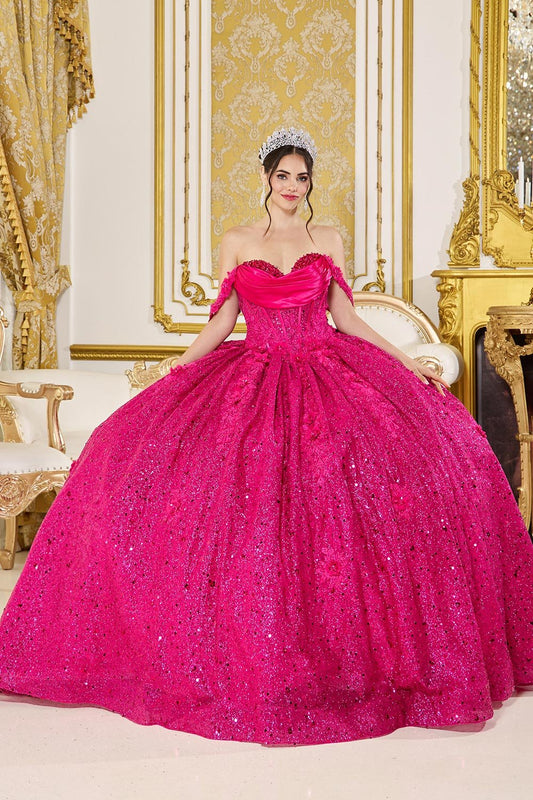 fuchsia quinceañera dress featuring off-shoulder neckline, ruched bodice, 3D floral appliqué, and glitter tulle skirt