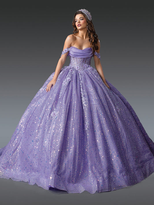 Quinceanera | Lilac Off-Shoulder Glitter Ruched Bodice and Floral Appliqués Sweet 15 Ball Gown | Mercedes dress front