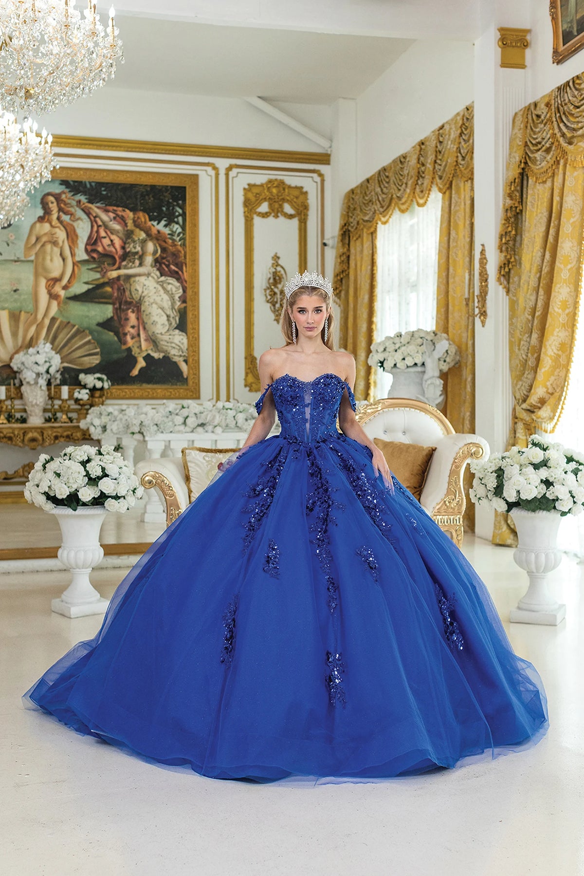 Front view of a Royal Blue quinceañera gown with off-the-shoulder neckline and corset bodice