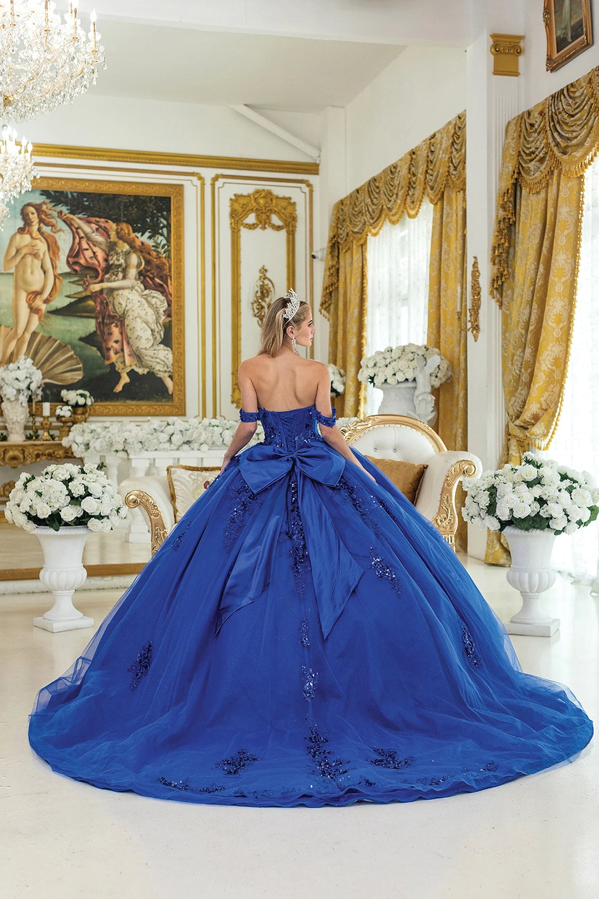 Back view of a Royal Blue quinceañera gown showing lace-up back