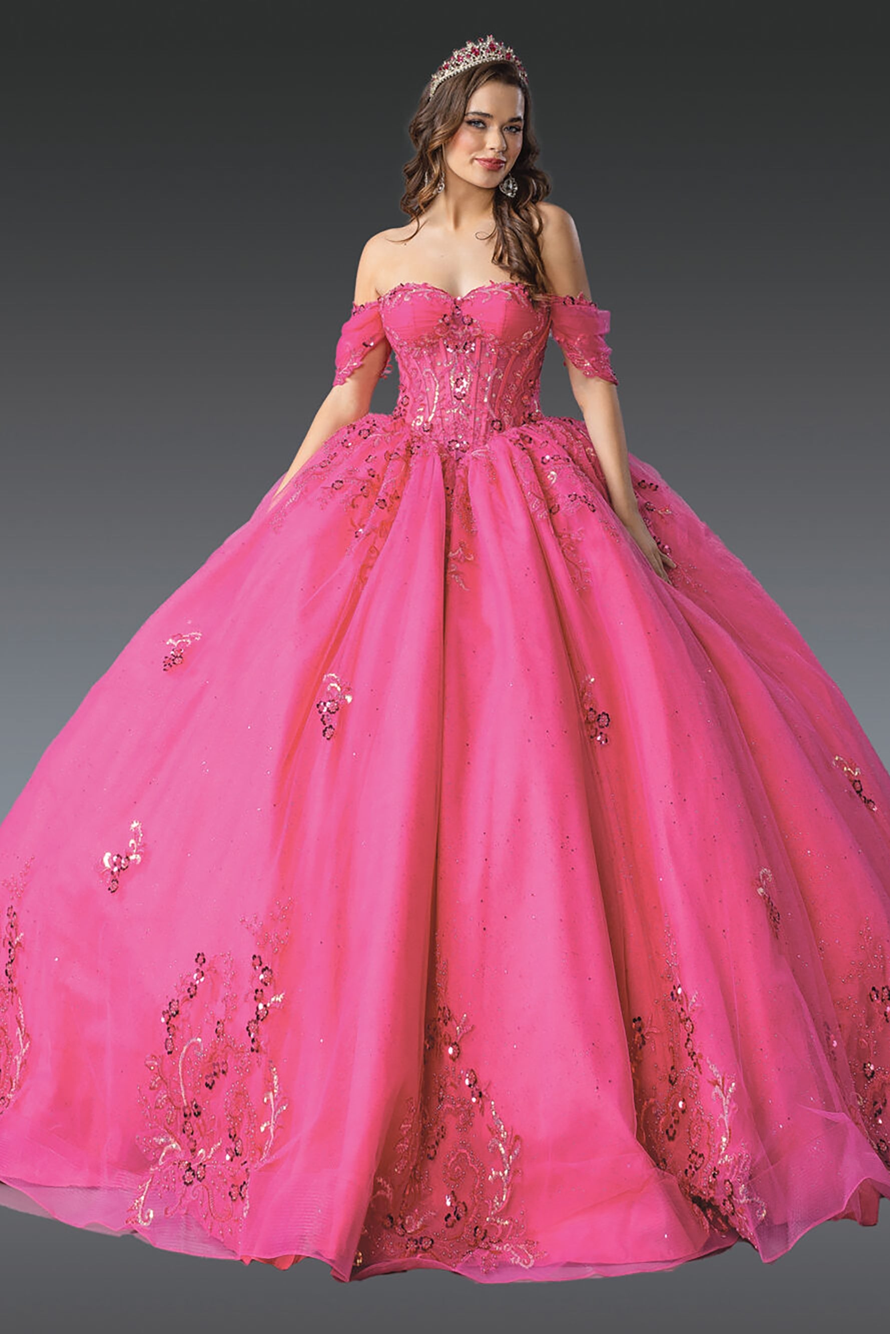 Quinceanera | Fuchsia Off-Shoulder Beaded Embroidered Appliqués Sweet 15 Ball Gown | Marisol dress front