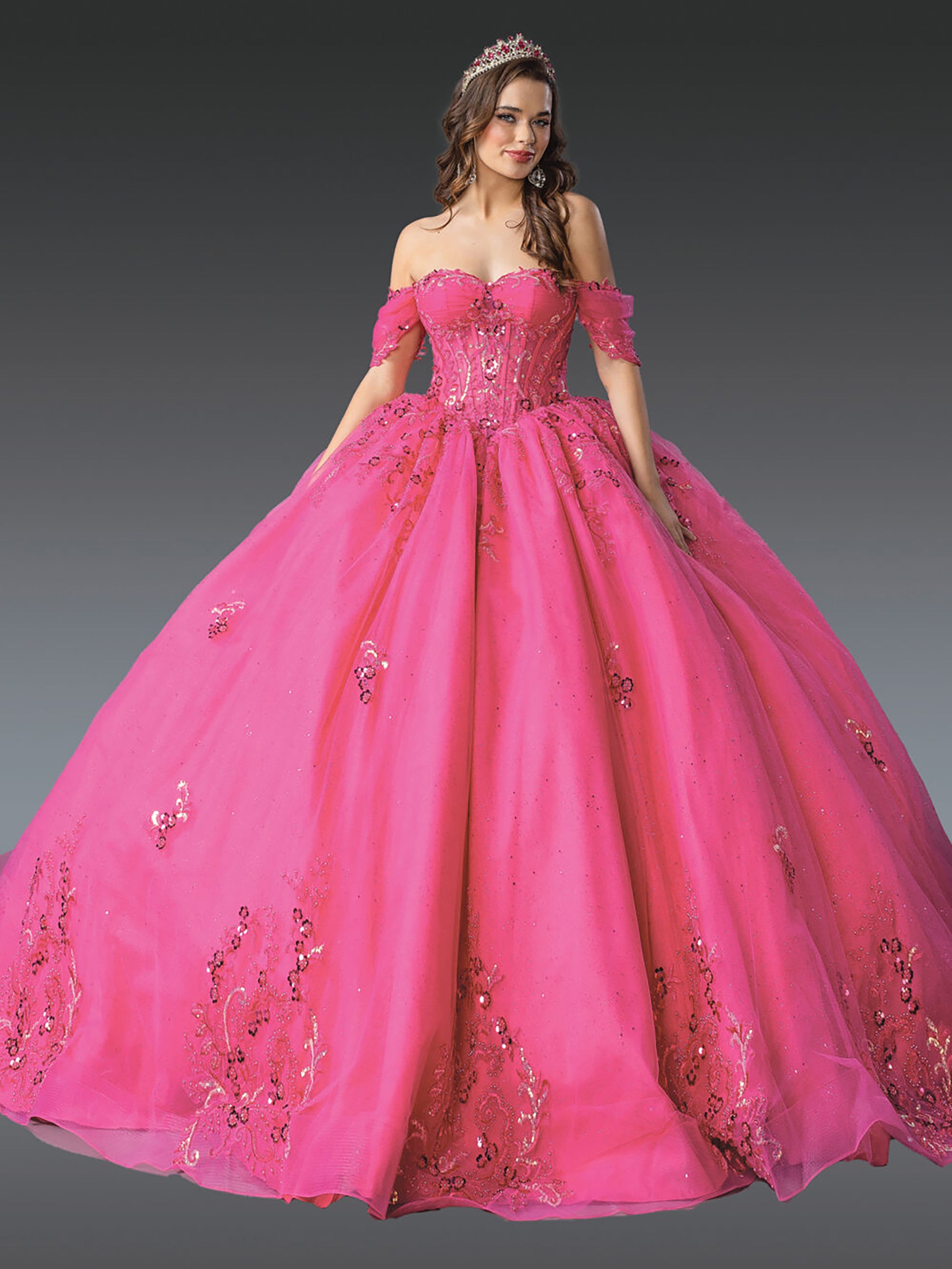 Quinceanera | Fuchsia Off-Shoulder Beaded Embroidered Appliqués Sweet 15 Ball Gown | Marisol dress front