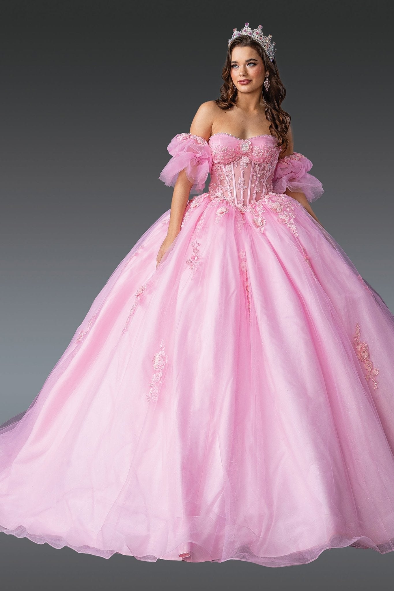 Quinceanera | Pink Floral Appliqués with Puff Sleeves Sweet 15 Ball Gown Quinceañera Dress | Mariana dress front view