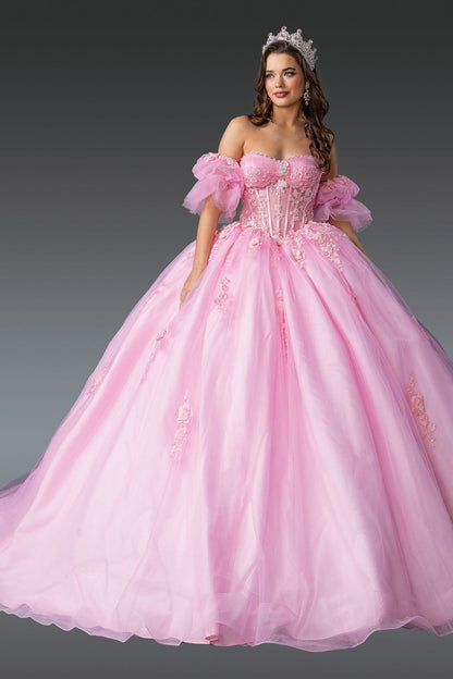 Quinceanera | Pink Floral Appliqués with Puff Sleeves Sweet 15 Ball Gown Quinceañera Dress | Mariana dress front view