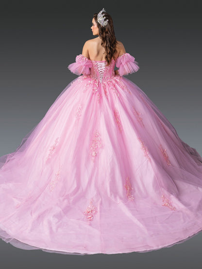Quinceanera | Pink Floral Appliqués with Puff Sleeves Sweet 15 Ball Gown Quinceañera Dress | Mariana dress back view