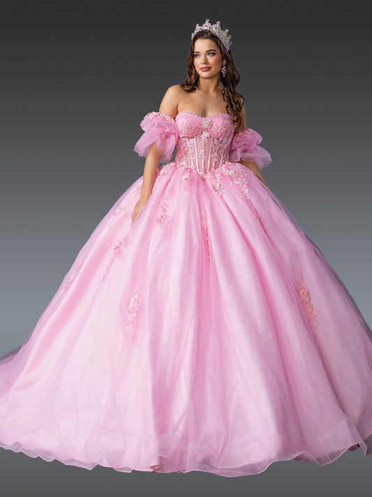 Quinceanera | Pink Floral Appliqués with Puff Sleeves Sweet 15 Ball Gown Quinceañera Dress | Mariana dress front view