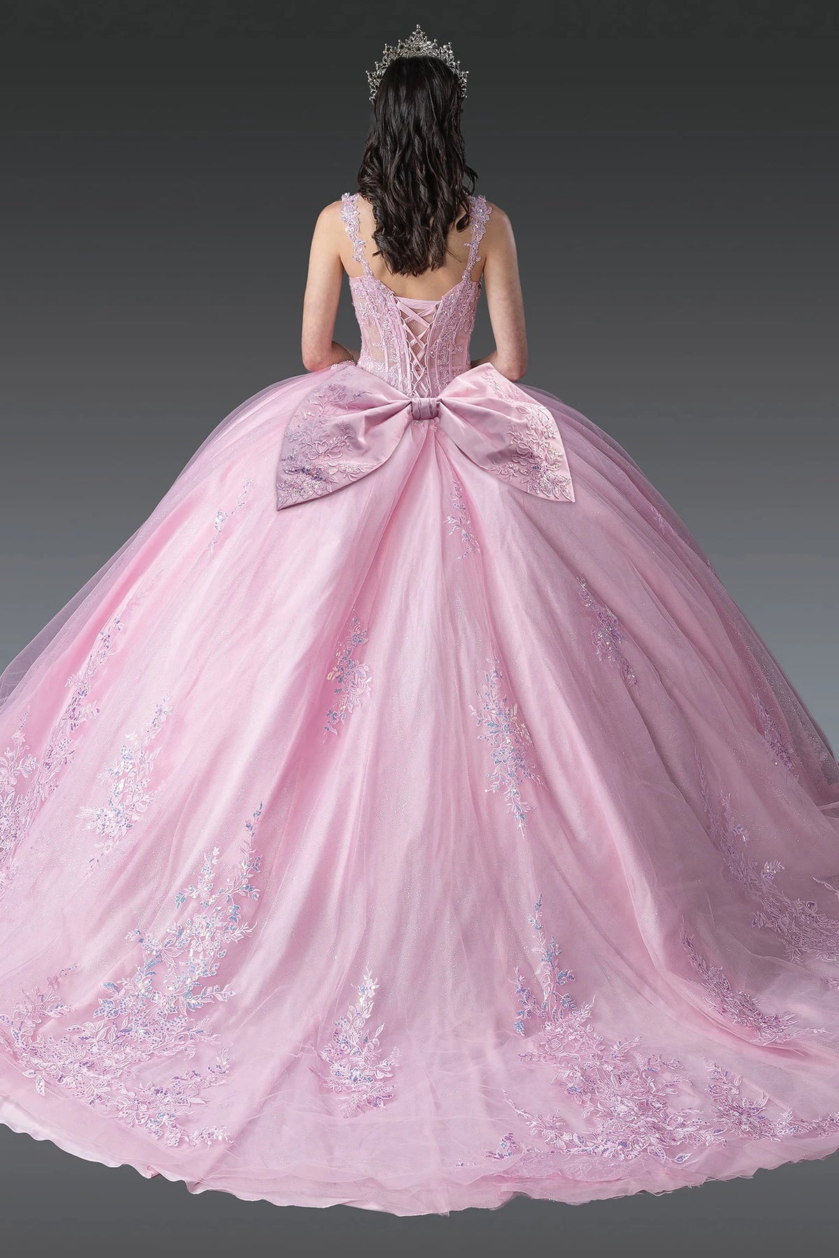 Back view of a Pink quinceañera gown showing lace-up back and lace appliqués