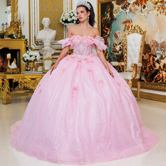 Quinceañera | Pink Elegant Off-the-Shoulder Ball Gown with Beaded Bodice and Full Tulle Skirt | Rosario dress front view