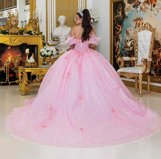 Quinceañera | Pink Elegant Off-the-Shoulder Ball Gown with Beaded Bodice and Full Tulle Skirt | Rosario dress back view
