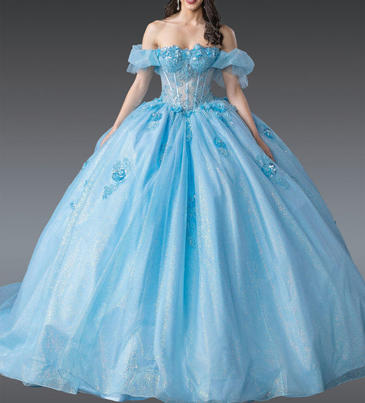  Quinceañera | Bahama Blue Elegant Off-the-Shoulder Ball Gown with Beaded Bodice and Full Tulle Skirt | Rosario dress front view