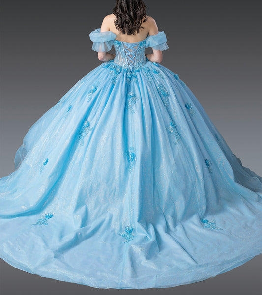 Quinceañera | Bahama Blue Elegant Off-the-Shoulder Ball Gown with Beaded Bodice and Full Tulle Skirt | Rosario dress back view