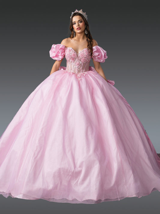 Quinceañera | Pink Elegant Ball Gown with Floral Embroidered Bodice and Puff Sleeves | Aminta dress front view