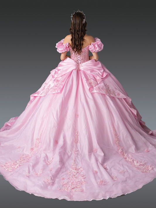 Quinceañera | Pink Elegant Ball Gown with Floral Embroidered Bodice and Puff Sleeves | Aminta dress back view