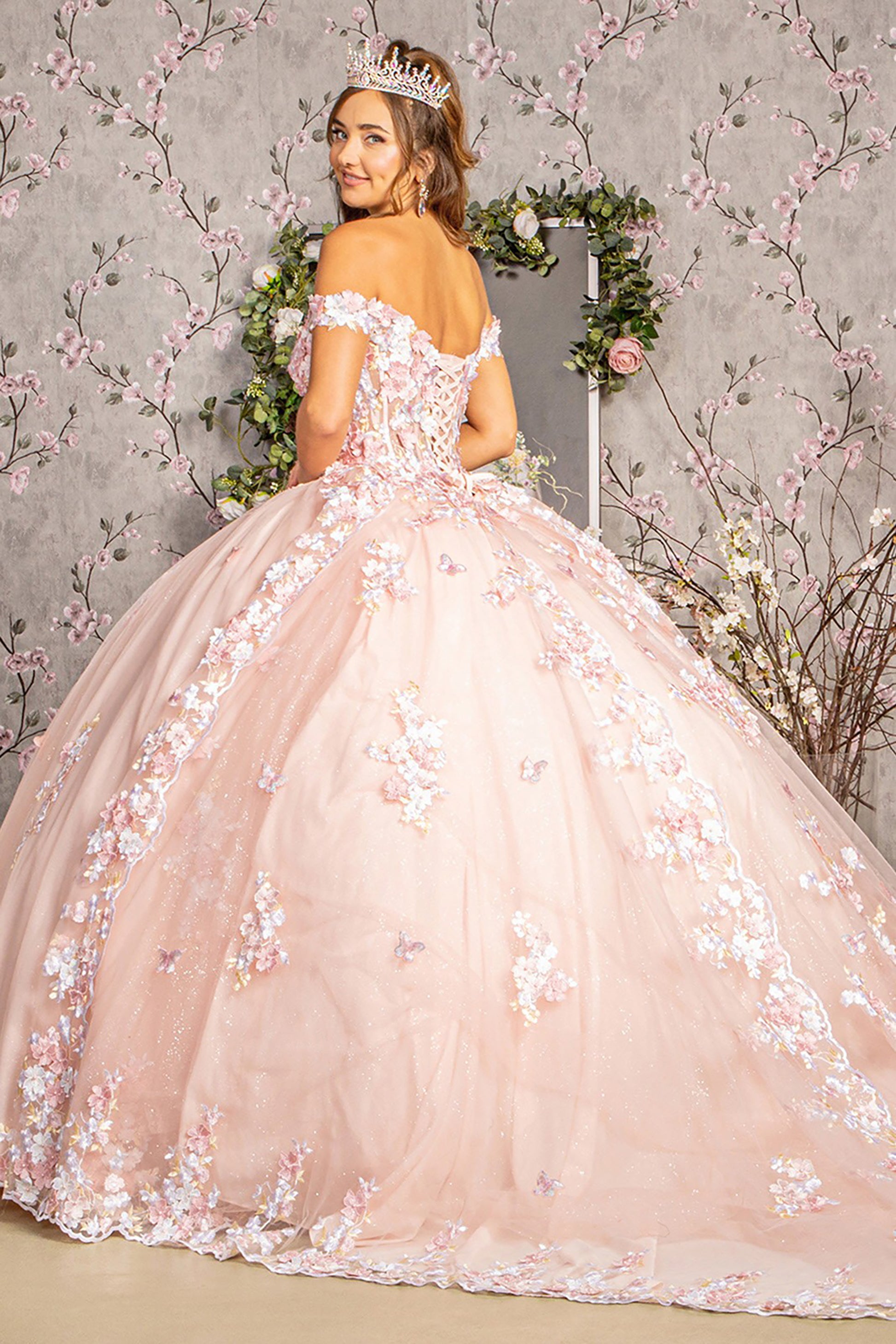 Quinceañera | Blush 3D Flower Applique Jewel Mesh Quince Gown w/ Long Tail | Plus Size Available back side zoom view