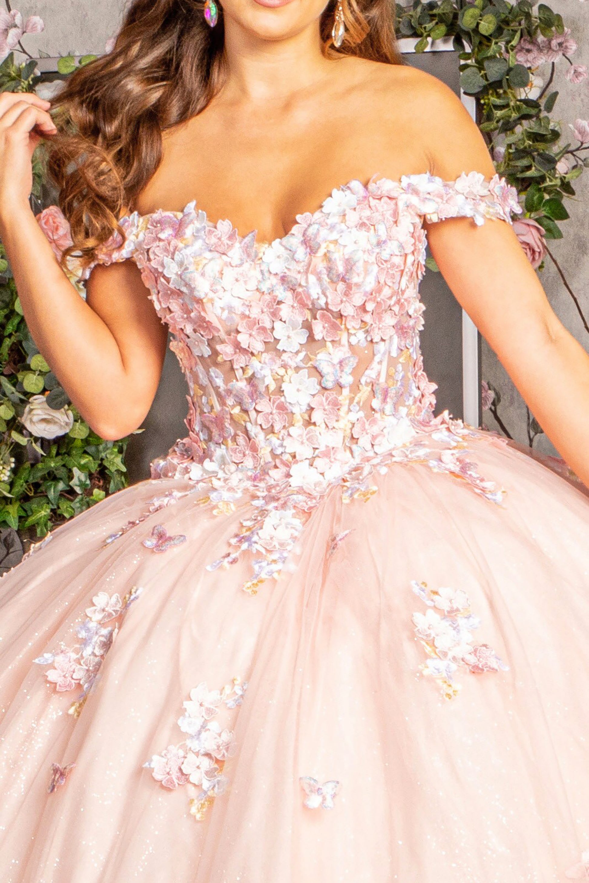 Quinceañera | Blush 3D Flower Applique Jewel Mesh Quince Gown w/ Long Tail | Plus Size Available front zoom